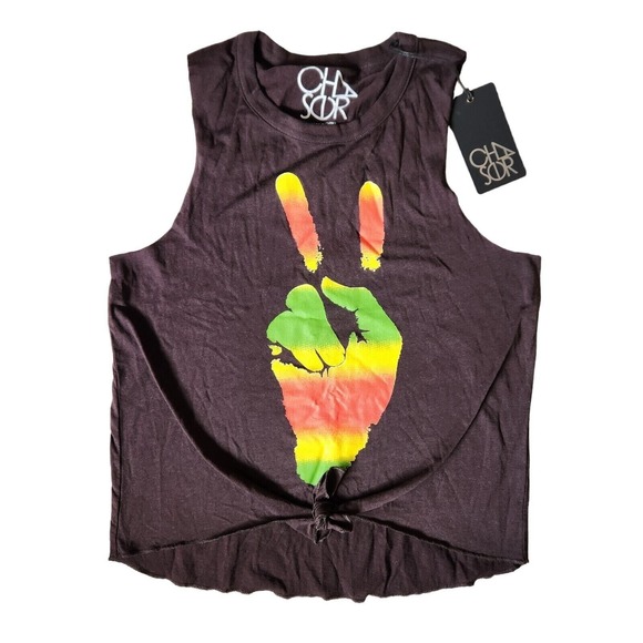 CHASER Peace Sign Reggae Graphic Tank Top Tie Front Sleeveless Black Crop Size M - Picture 1 of 4